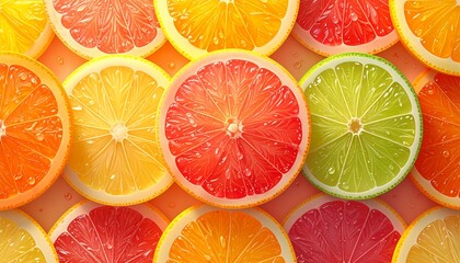 An ultra-realistic, seamless pattern of vibrant citrus fruit cross-sections, showcasing a colorful assortment of fresh orange, lemon, lime, and grapefruit slices