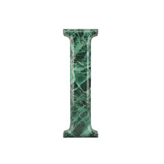 Elegant letter I crafted from rich green marble with delicate sparkling inclusions isolated on a black background studio lighting