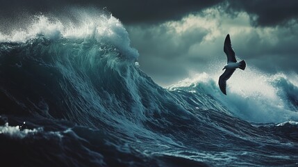 titanic. A storm petrel diving against towering waves in a stormy sea. wildlife magazines, conservation campaigns, designed for wildlife conservation campaigns, used by curriculum designers.