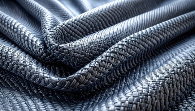 Ultra-realistic macro perspective of a seamless industrial fabric in a deep blue, highlighting its intricate woven ripstop pattern and reinforcement fibers