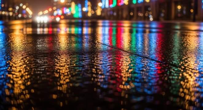 Vibrant street lights reflecting on wet city pavement create a modern urban atmosphere at night, ideal for sleek designs and captivating backgrounds - Powered by Adobe