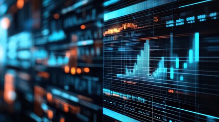 A close up of a screen displaying digital information and data with blue and orange highlights