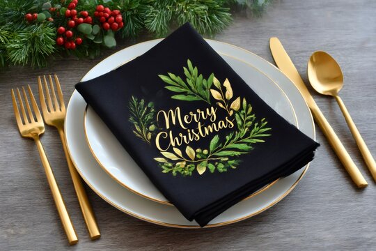 Christmas table setting featuring black napkin and gold cutlery