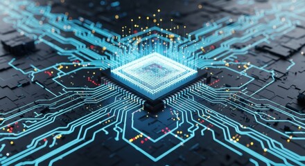 Stunning digital circuit board with glowing processor representing advanced technology and innovation for modern tech solutions and futuristic concepts