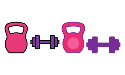 Pink kettlebell and purple dumbbell vibrant fitness workout gym icon set