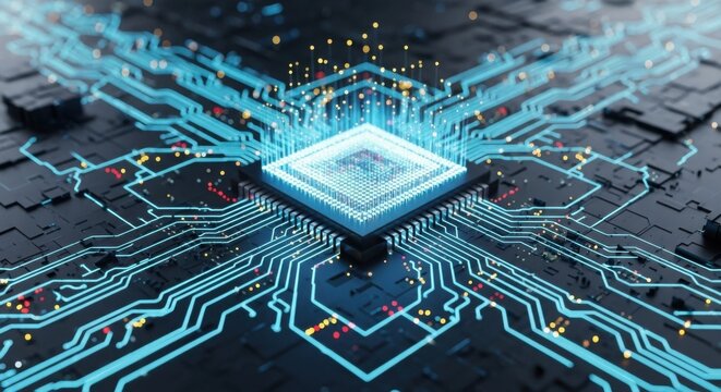 Stunning digital circuit board with glowing processor representing advanced technology and innovation for modern tech solutions and futuristic concepts