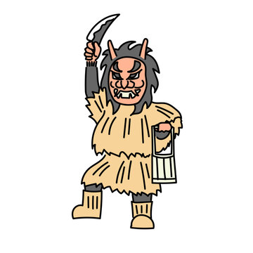 秋田の伝統行事であるなまはげを特徴的な仮面とわら装束で描いたベクターイラスト｜白背景に独立して配置された民俗文化の雰囲気を分かりやすく表現した素材