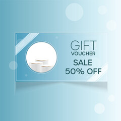 Gift Voucher Design Template with 50% Sale Discount and Modern Product Display Podium , Ideal for Beauty and Fashion Promotions