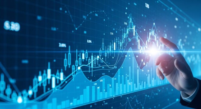 Financial Data Analysis with Hand Pointing at Stock Market Chart Showing Growth, Investment Strategy and Economic Forecast Display