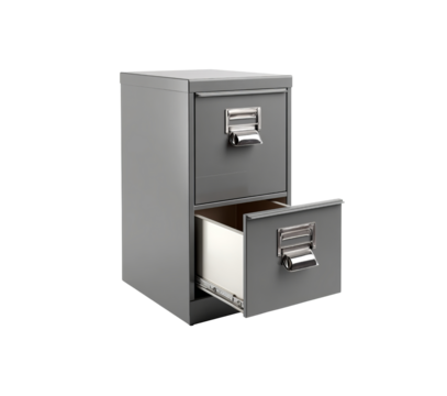 Gray two-drawer filing cabinet open drawer isolated on a transparent background