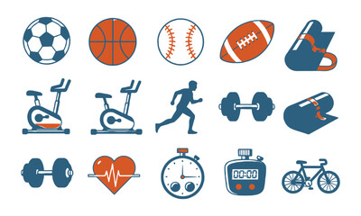 Sport and fitness activity icons: balls, gym equipment, runner, and stopwatch