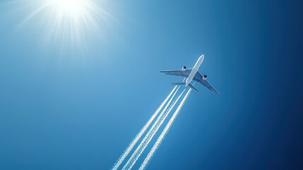 Airplane flying in a clear blue sky leaving white contrails behind with the sun shining brightly above