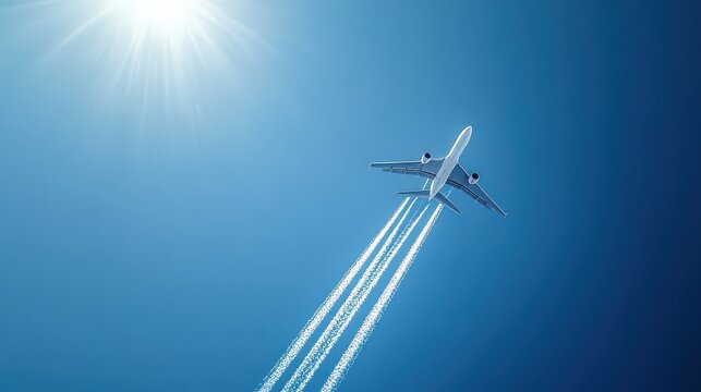 Airplane flying in a clear blue sky leaving white contrails behind with the sun shining brightly above