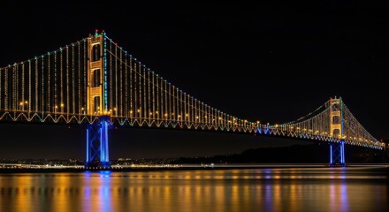 Stunning cityscape view of a brightly lit suspension bridge at night reflecting on the water perfect for travel and scenic backgrounds