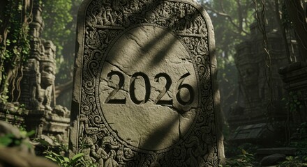 Ancient temple ruins with intricate carvings and the year 2026 etched in stone evoking mystery, history, and a sense of adventure for travel and tourism ads