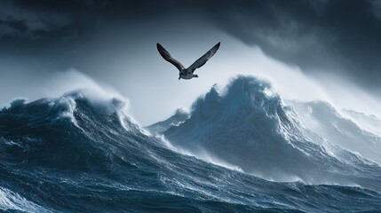 titanic. A storm petrel diving against towering waves in a stormy sea. wildlife magazines, conservation campaigns, designed for wildlife conservation campaigns, used by curriculum designers.