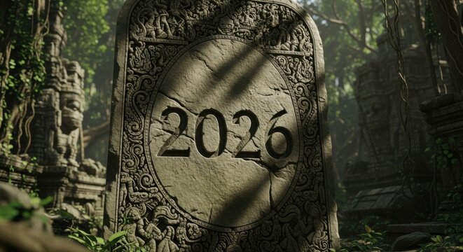 Ancient temple ruins with intricate carvings and the year 2026 etched in stone evoking mystery, history, and a sense of adventure for travel and tourism ads