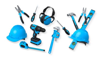 Construction tools and safety equipment shown on white background. Concept of work safety and building tools