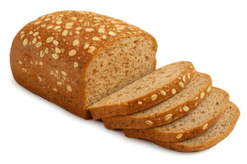 Loaf of sliced whole wheat oat bread with crunchy crust and baked oats on a transparent background