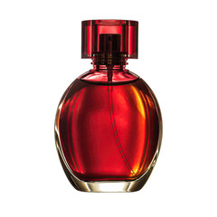 Elegant Red Perfume Bottle With Golden Accents and Subtle Reflections Set Against a Dark Backdrop With Dramatic Lighting