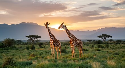 Two majestic giraffes stand tall in the vast African savanna at golden hour, silhouetted against a breathtaking sunset