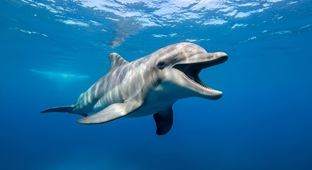 Obraz premium Dynamic shot of a playful dolphin with an open mouth swimming gracefully in crystal clear blue ocean waters, bathed in sunlight