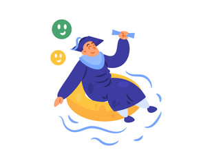 concept of education and vacation. Graduated from education and went on vacation. Relax and enjoy the vacation after successfully graduating. Illustration of a graduate on a swimming ring. Flat style