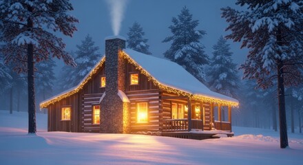Dreamy winter cabin getaway with cozy lights glowing in the snowy woods, perfect for holiday promotions and enchanting seasonal campaigns
