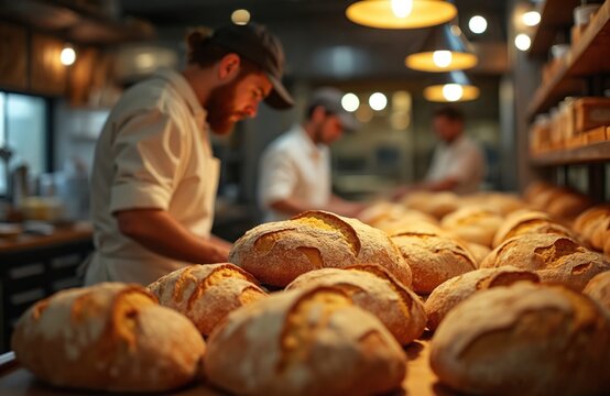 Bearded male baker in uniform arranges fresh hot bread loaves on wooden table. Man works at artisan bakery preparing crusty sourdough for sale. Pro worker in craft bakehouse kitchen during food