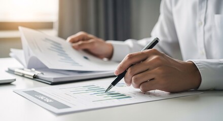 Profits Chart Analysis and Business Documents Being Analyzed by Professional Person at Desk with Pen in Hand in Light Office Setting Interior