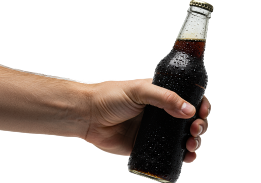 extreme close-up of a tanned caucasian man's hand gripping a condensation-covered root beer bottle against a white studio background with copy space. concept for beverage advertising
