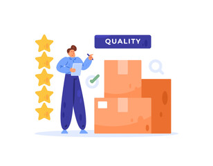 Quality control concept. Identifying and checking the quality of a product. Illustration of a quality control inspector inspecting, assessing, and testing a product. Flat design. White background.