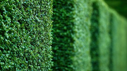 privet. Carefully trimmed privet hedges in neat rows forming green walls, soft focus background. gardening catalogs, home-decor guides, designed for home decor and floral branding.