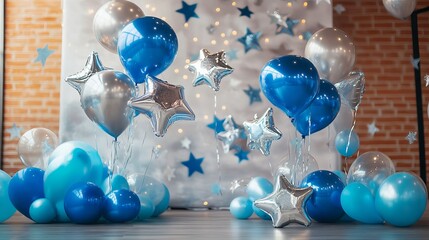 Space-themed balloons photo zone with blue and silver stars for kids birthday party decorations