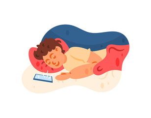 Illustration of a man sleeping while listening to music from his smartphone. Close to his phone while sleeping. Sleeping in bed. Activities and people. Flat style character design. White background.