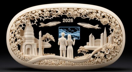 Elegant future vision 2026 sculpture with couple gazing at digital landscape and flying jets, a symbol of hope, innovation, and travel destinations