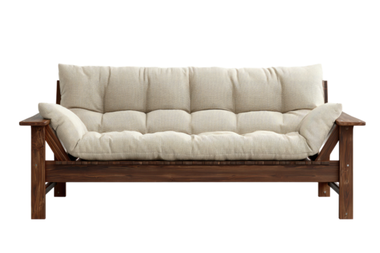 Wood frame sofa with beige cushions on black background