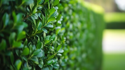 Obraz premium privet. Carefully trimmed privet hedges in neat rows forming green walls, soft focus background. gardening catalogs, home-decor guides, designed for home decor and floral branding.