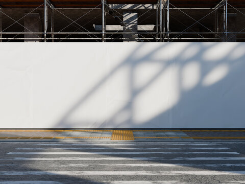 Blank Horizontal Hoarding Banner Mockup Under Construction Scaffolding 3D Rendering On A White Background