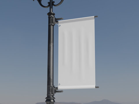 Blank Vertical Banner Mockup Hanging On A Street Lamp Post 3D Rendering On A White Background