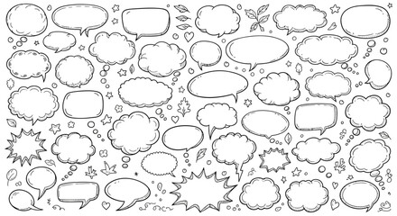 Fototapeta premium Hand drawn speech bubbles collection with stars and scribbles on white background