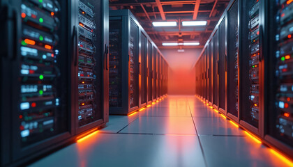 Rows of modern server racks in a data center with orange lighting. Servers have various colored lights indicating activity. Data storage and processing equipment in a tech facility.