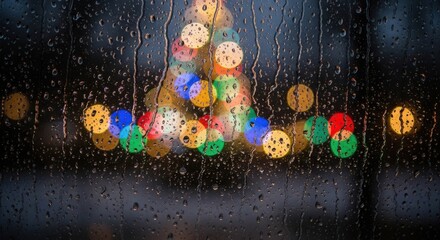 Cozy Christmas Eve with Raindrops Dancing on Windowpane Reflecting Festive Holiday Lights and Warmth from Inside on a Dark Winter Night