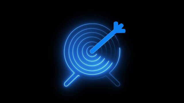 Glowing neon target icon animation. Finding or analyzing business goals achievement, strategy, action plan, purposefulness, planning development. 4k video