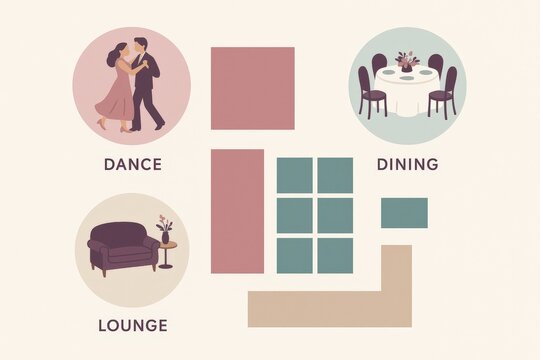 Conceptual illustration of social spaces including dance, dining, and lounge areas defined by geometric shapes and warm colors, embodying modern aesthetics and interactive experiences