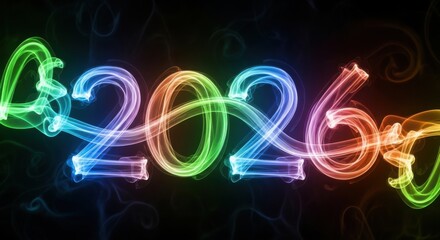Vibrant, luminous 2026 numerals shimmering against a dark backdrop, perfect for new year celebrations and futuristic themes, radiating positive energy and hope