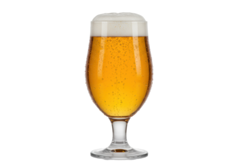 a close-up macro of a tulip weizen glass holding golden craft beer with creamy white foam and cold condensation, isolated on a transparent high-key studio background, concept for beverage