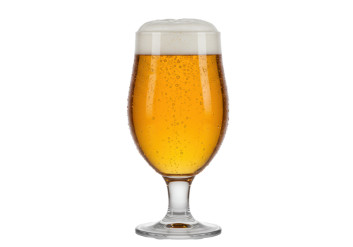 a close-up macro of a tulip weizen glass holding golden craft beer with creamy white foam and cold condensation, isolated on a transparent high-key studio background, concept for beverage