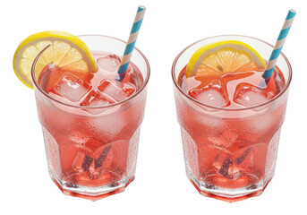 Two identical highball glasses of heavily frosted pink lemonade, hyperdetailed fractured ice and lemon garnish, high-angle overhead shot against a transparent background. Extreme summer refreshment