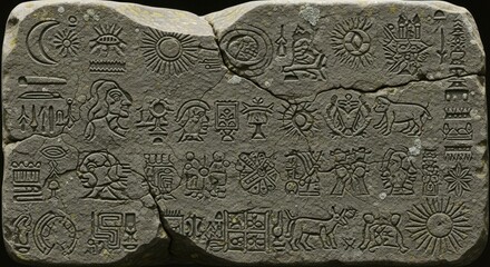 Ancient stone tablet with mysterious carvings and symbols evoking history and intrigue for educational content or historical design projects